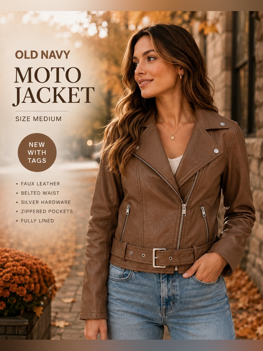 Old Navy Faux Leather Moto Jacket Women M Brown Belted Biker NWT $74.99